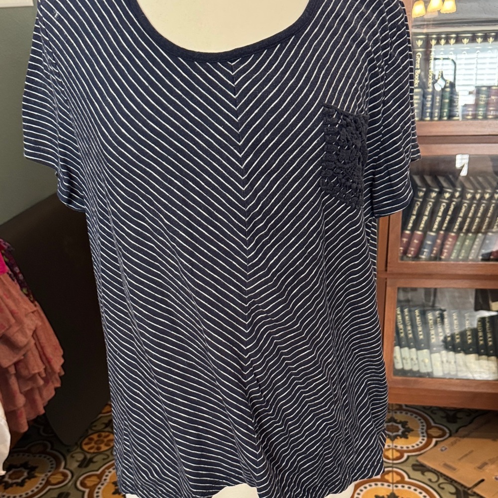 Style & Co. Navy and White Striped Short Sleeve Tee with Crochet Pocket